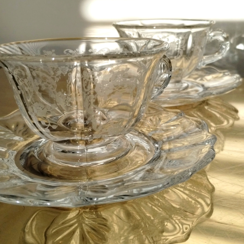 Fostoria Chintz Crystal Etched Meadow Rose Teacup sets 2- Teacups and 2-Saucers